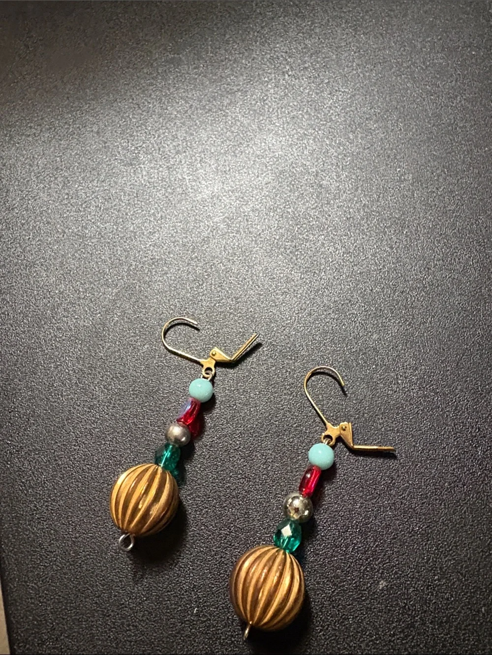 Handmade Gold-Tone Bead Drop Earrings with Turquoise and Green Accents